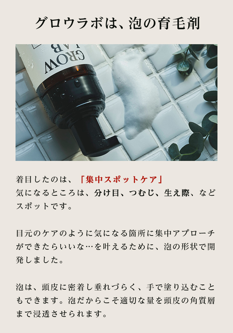 
      グロウラボは、泡の育毛剤
      着目したのは、「集中スポットケア」。
      気になるところは、分け目、つむじ、生え際、などスポットです。
      目元のケアのように気になる箇所に集中アプローチができたらいいな…を叶えるために、泡の形状で開発しました。
      泡は、頭皮に密着し垂れづらく、手で塗り込むこともできます。泡だからこそ適切な量を頭皮の角質層まで浸透させられます。
    